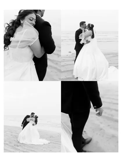 A black and white collage of Jithin and Jennifer's beach portraits. These images capture the romance and joy of their post-ceremony celebration by the sea.