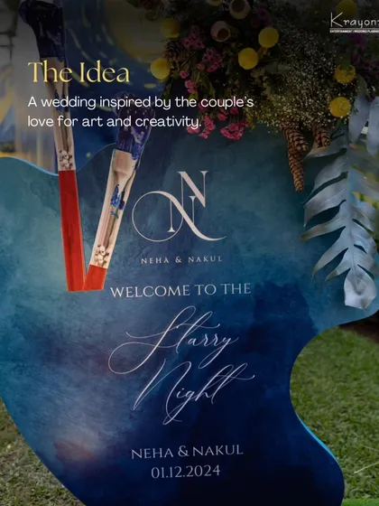 The welcome sign for the "Starry Night" themed Mehendi, designed in the shape of an artist's palette, setting the creative tone for the event.
