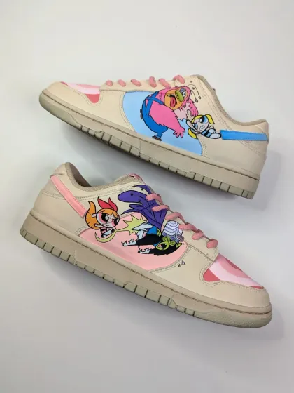 The Powerpuff Girls saving the day on a pair of custom Nike Dunks. This might be the cutest pair I've ever made, featuring Blossom, Bubbles, and Buttercup taking on Mojo Jojo.