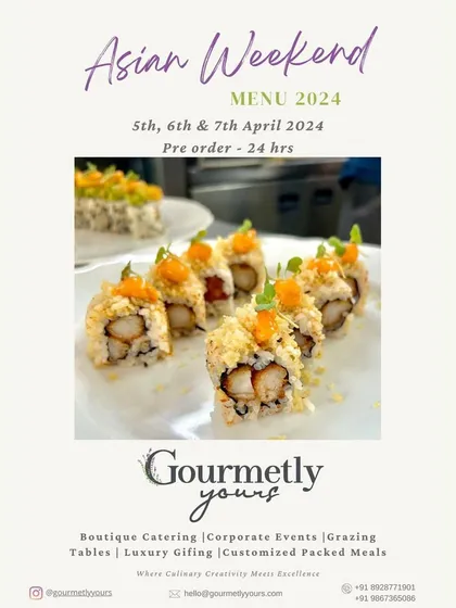 Our "Asian Weekend" menu announcement, featuring a tempting shot of our tempura prawn sushi rolls. This graphic invites customers to indulge in our special culinary adventure.