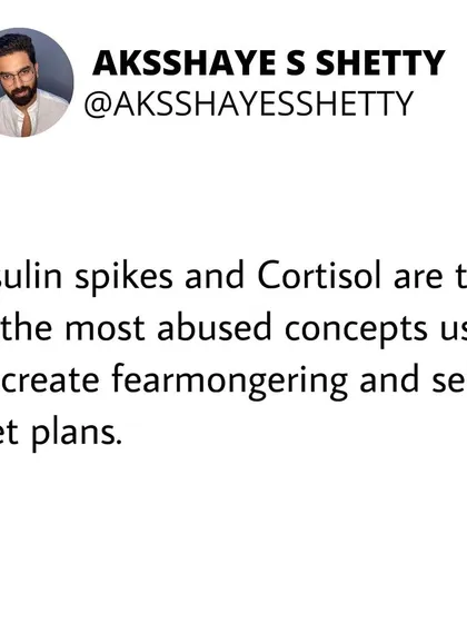 Insulin spikes and cortisol are often used to create fear and sell diet plans. A normal insulin spike after a meal is a healthy response. Chronic stress can lead to overeating, but cortisol itself doesn't directly cause you to hold body fat.
