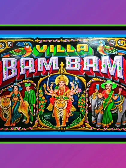 The "Villa Bam Bam" painting with a green and black border.