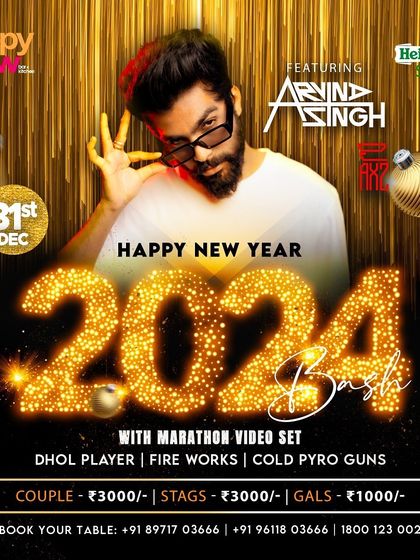 The poster for the Happy New Year Bash 2024 at Happy Brew. I brought a marathon video set, dhol players, and fireworks for an unforgettable night.
