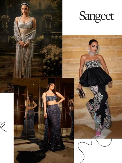 Sangeet inspiration for the bridal party. This board features sparkling sarees, peplum tops with embroidered pants, and sequined lehengas that are sure to make a statement.