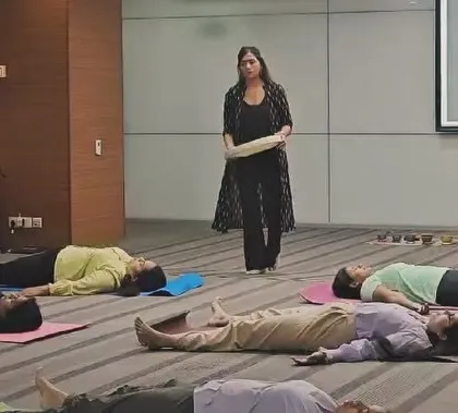 I was honored to bring a moment of peace to the workplace at ABB. This image shows a corporate wellness session where employees are experiencing a guided sound bath, a simple yet powerful way to reset during a busy workday.
