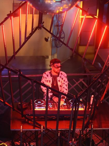 A view from above, showing me in my elevated DJ cage at The Fixx.