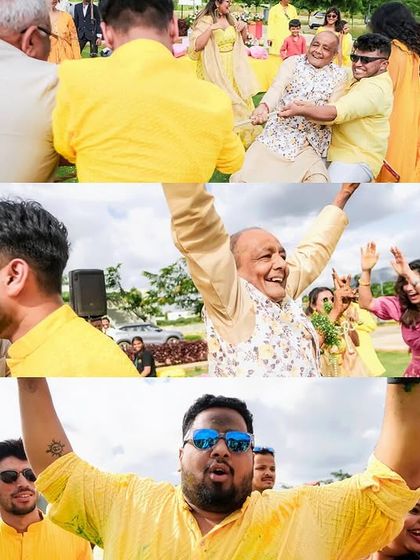 A collage of pure energy and happiness from the Haldi celebration, with guests dancing, cheering, and having a blast.