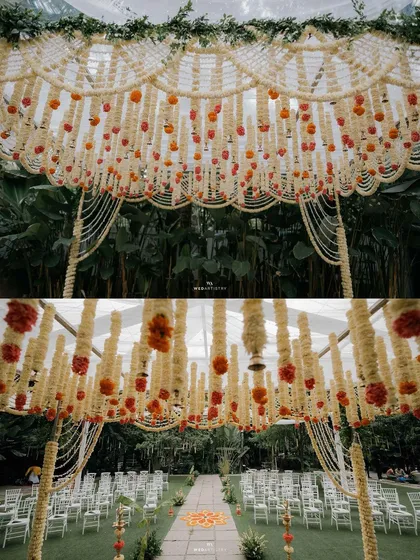 A collage of the mandap ceiling, a dense canopy of hanging tuberose and marigold garlands that created a truly immersive floral experience for the couple and their guests.