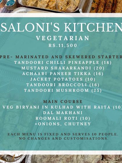 This is the menu for my vegetarian DIY BBQ kit. It includes a generous selection of pre-marinated and skewered starters like Tandoori Chilli Pineapple and Achaari Paneer Tikka, plus a main course, serving ten people.