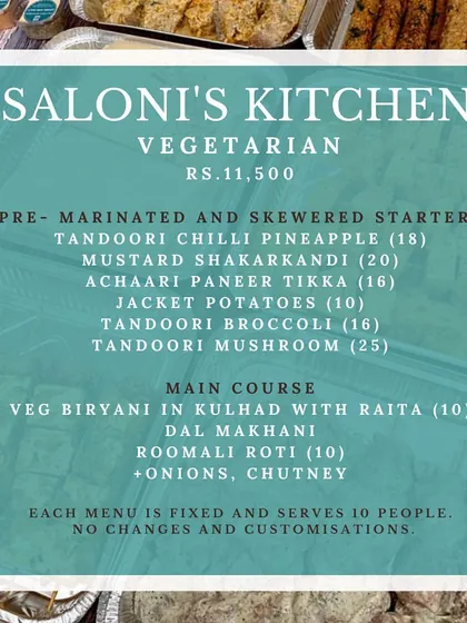 This is the menu for my vegetarian DIY BBQ kit. It includes a generous selection of pre-marinated and skewered starters like Tandoori Chilli Pineapple and Achaari Paneer Tikka, plus a main course, serving ten people.