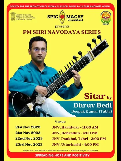 Announcing the PM Shri Navodaya Series in Uttarakhand, where I performed in Haridwar, Dehradun, Tehri, and Uttarkashi for SPIC MACAY.
