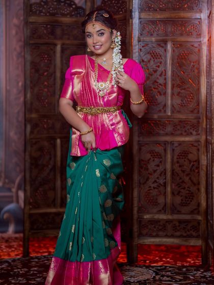 A full-length view of the Madisar drape and the airbrush makeup look.