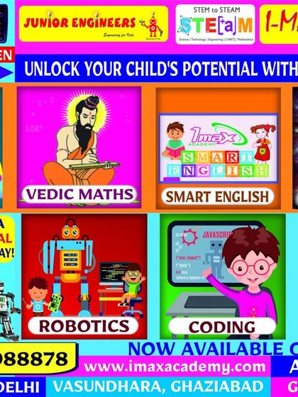 This promotional graphic highlights the variety of programs available at our centers, including Abacus, Vedic Maths, Smart English, Midbrain Activation, Robotics, Coding, and LEGO, with online options also available.