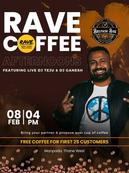 A promotional flyer for a special "Rave Coffee Afternoons" event. This shows my versatility in playing different types of events, from late-night club sets to unique afternoon parties.