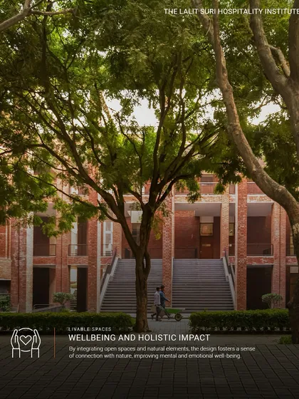 The Lalit Suri Hospitality Institute is designed to foster a sense of connection with nature. By integrating open spaces and natural elements, the design promotes mental and emotional well-being, creating a holistic and positive impact on its users.