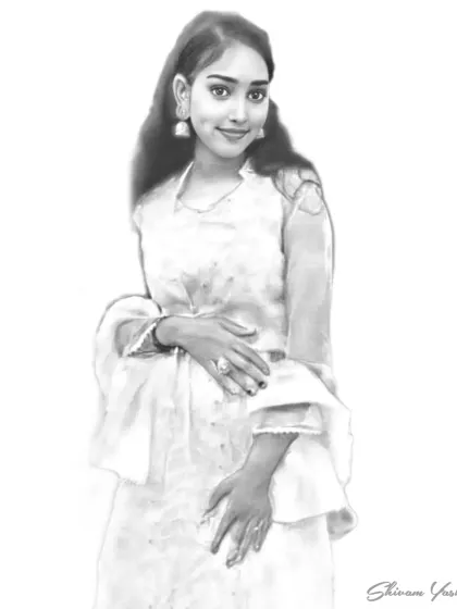 A full-length sketch of a client in a lovely white outfit. I focused on creating a soft, elegant look with gentle shading.