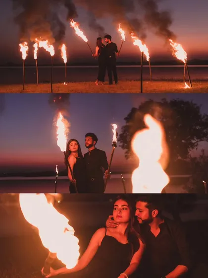A collage from a dramatic fire-themed pre-wedding shoot, showcasing various poses and the beautiful sunset colors.