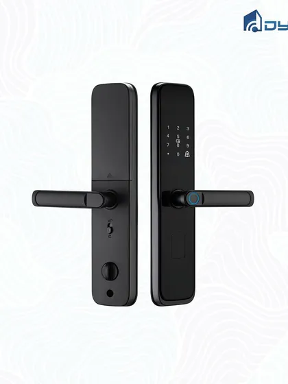 A clean product shot of our smart lock, showcasing its sleek lines and the different access points like the keypad and fingerprint sensor.