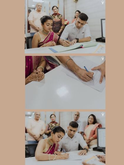 A collage of the official marriage registration. These documentary-style shots capture the legal and formal aspect of their union, witnessed by their closest family.
