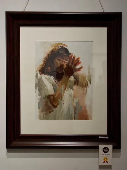 My award-winning painting "Self Conversation" framed and displayed at Jehangir Art Gallery.