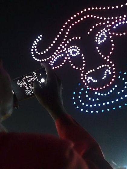A cow formation from our Jal Jagar Maha Utsav show. The cow is sacred in Indian culture, and this formation resonated deeply with the local audience.