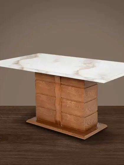 This design features a white marble top on a solid, block-style wooden base, perfect for a rustic or contemporary dining room.