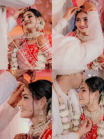 A collage of precious moments from a North Indian wedding ceremony, from the applying of sindoor to a sweet kiss on the forehead.