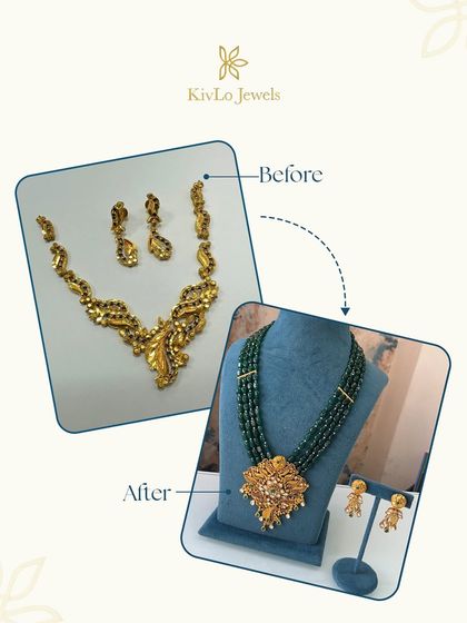 From a forgotten gold pendant to a fabulous, show-stopping necklace set. We took the old pendant, added a multi-strand green bead mala, and created new matching earrings for a complete and stunning makeover.