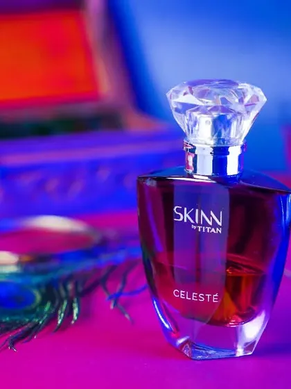 A moody and atmospheric product shot of a Skinn by Titan perfume bottle. Capturing glass and reflective surfaces requires precise lighting control, and this image shows how I create a specific vibe for cosmetic and fragrance photography.