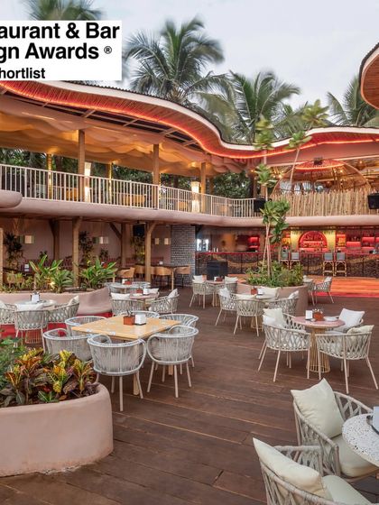 The ambiance of Dubki at night, where smart lighting transforms the space. This project was a true experiment in materials and construction, and I'm proud it was recognized by the Restaurant & Bar Design Awards.