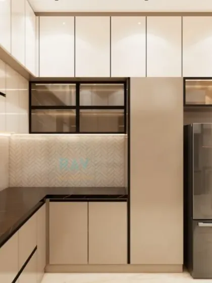This render showcases a modern kitchen with beige cabinets, a black countertop, and a side-by-side refrigerator. The design includes glass-fronted cabinets for displaying crockery.