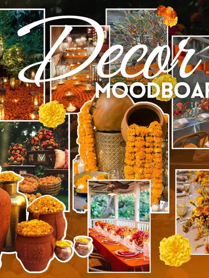 A decor moodboard for a vibrant orange theme, perfect for a Haldi or Sangeet, featuring marigolds and rustic pottery.