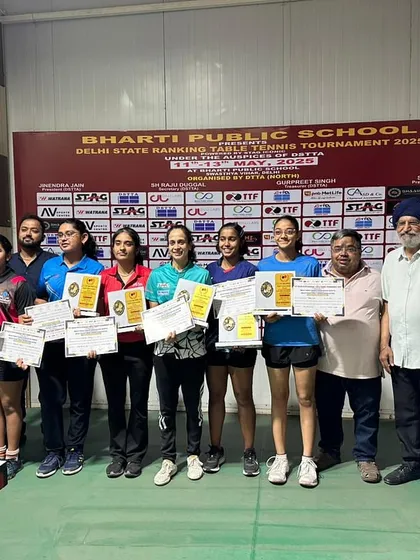 A full lineup of the women's singles winners at the Delhi State Ranking Tournament, celebrating a hard-fought competition.