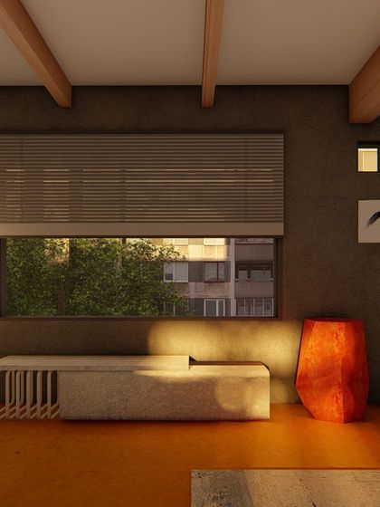 A conceptual design for a living space with earthy tones, a concrete bench, and a unique orange sculptural element. This showcases our exploration of wabi-sabi and rustic aesthetics.