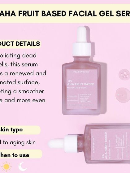 This graphic provides all the details on my 2% AHA Fruit Based Facial Gel Serum. It's designed for dull to aging skin and works by exfoliating dead skin cells for a renewed surface.