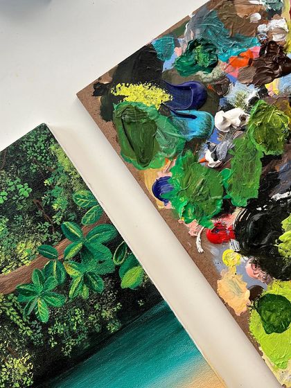 A detailed shot of the corner of the Maui painting and my palette.