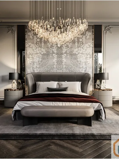 A master bedroom designed for pure luxury, with a stunning crystal chandelier, intricate wall mouldings, and a bespoke floral wallpaper that serves as a captivating centerpiece.