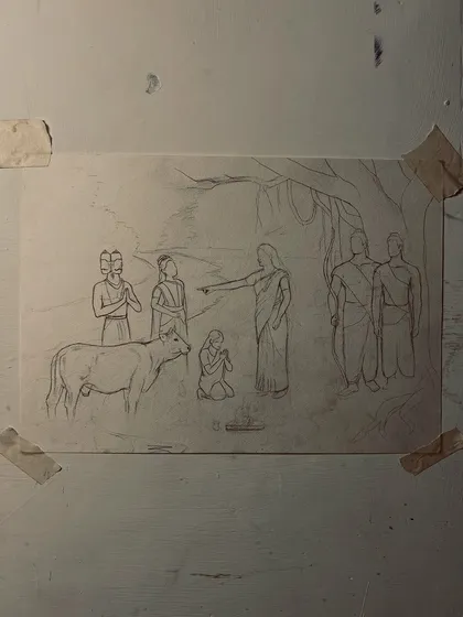The full sketch taped to my wall. This composition includes multiple figures and a natural setting, all drawn with pencil.