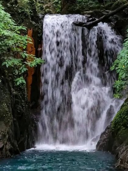 A close-up view of a waterfall with vibrant blue water, a highlight of our Honnavara exploration trip. The unique color of the water makes it a magical sight.