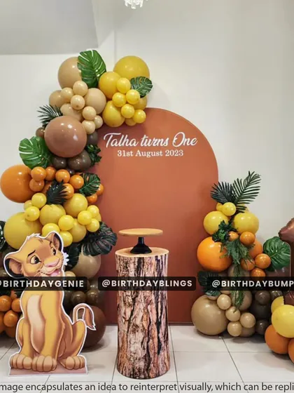 A close-up of the Lion King theme, showing the custom backdrop with the child's name and birthday. The organic balloon garland with tropical leaves adds a touch of the wild.