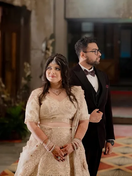 A classic portrait of Navya and Santosh at their reception. The elegant attire and poised look create a timeless and sophisticated image.