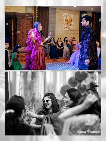 Candid moments from the Mehendi party, showing the bride dancing with her groom and laughing with friends.