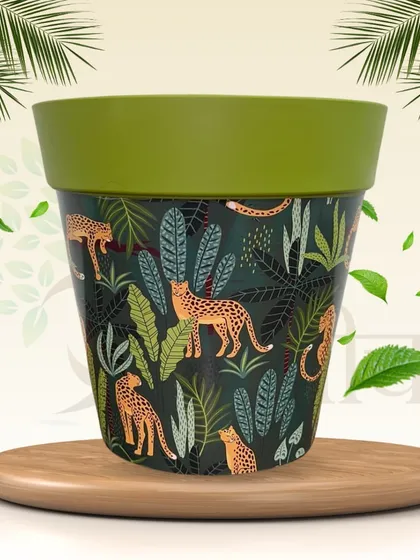 Unleash your wild side with this panther print planter. The 8-inch plastic pot features a lush jungle pattern with leopards, perfect for pairing with leafy green plants to create a tropical vibe.