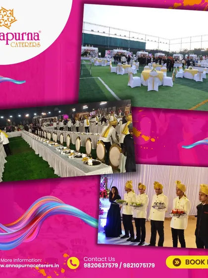 We cater to all types of events, both indoors and outdoors. This collage shows a large outdoor gathering on a turf ground, a long traditional buffet line, and our staff in customary attire, ready for service.