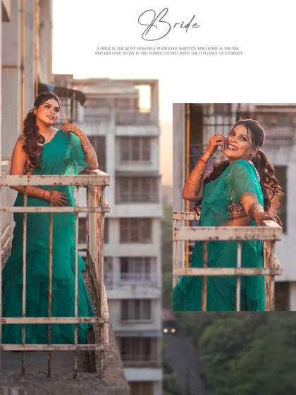 A creative collage of the bride on the balcony, capturing her joyful and relaxed demeanor during her pre-wedding shoot.