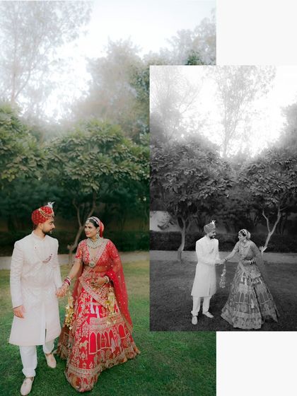 A creative collage showing the couple in both color and black and white, capturing a timeless moment of them walking together on their wedding day.