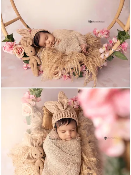 A collage of our adorable bunny theme. This shows how we use props like a floral hoop and a tiny knit bunny to create a soft, whimsical, and cohesive set of images.