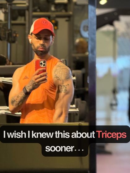 A selfie in the gym with the title "I wish I knew this about Triceps sooner..." This introduces an educational carousel about tricep anatomy and function.