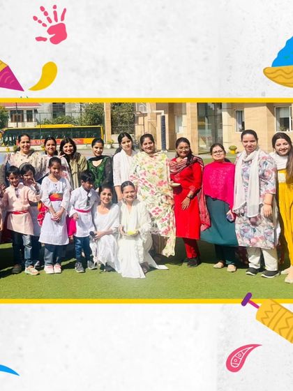 Our dedicated teachers and staff join the students for a group photograph during the Holi festivities. We believe in celebrating as one big family.