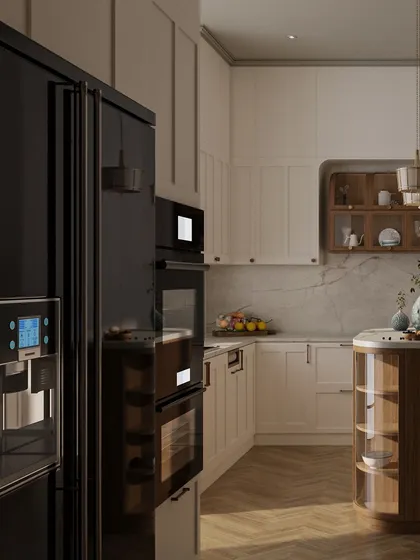 A close-up of the built-in appliances and the curved central island, showcasing the blend of modern functionality and classic design.